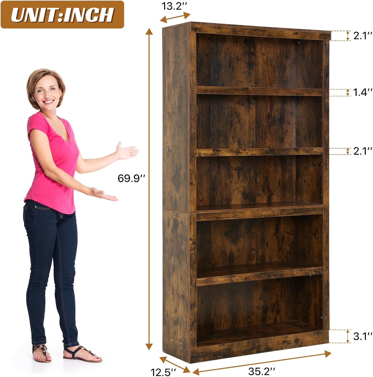 Dkelincs 5 Tier Wood Bookshelf 70" Tall Bookcase Storage Shelves Organizer for Living Room, Brown