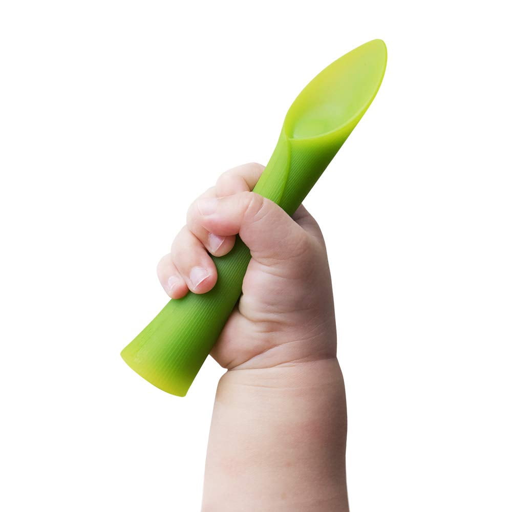 Olababy Training Spoon Set (Lime/Kale) + Fold N Go Silicone Baby Bib w Travel Case (Blueberry)