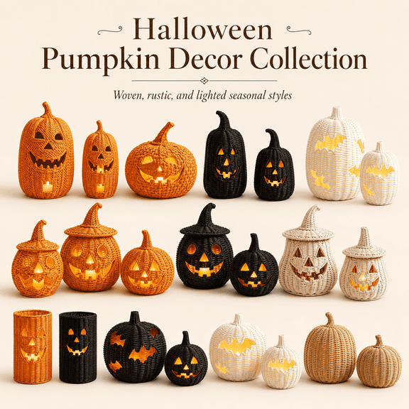 Yashow Elite Halloween Decorative Seagrass Pumpkin Set, Black Woven Rattan Pumpkin Ornament, Rustic Fall Tabletop Centerpiece for Home Party Shelf Mantel Decor