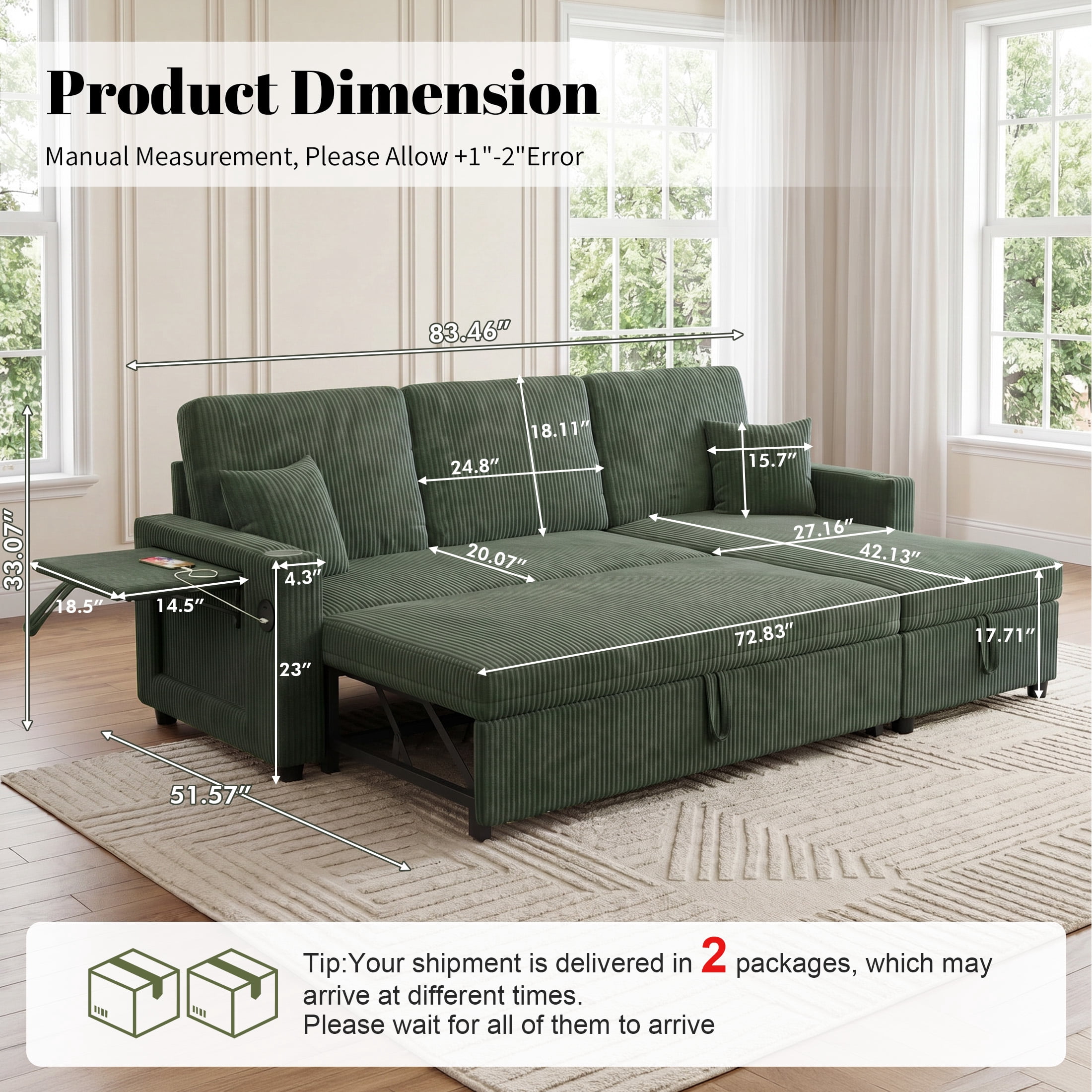 Aenkyo 84" Corduroy Pull Out Sofa Bed with Reversible Storage Chaise and USB Charging, Green
