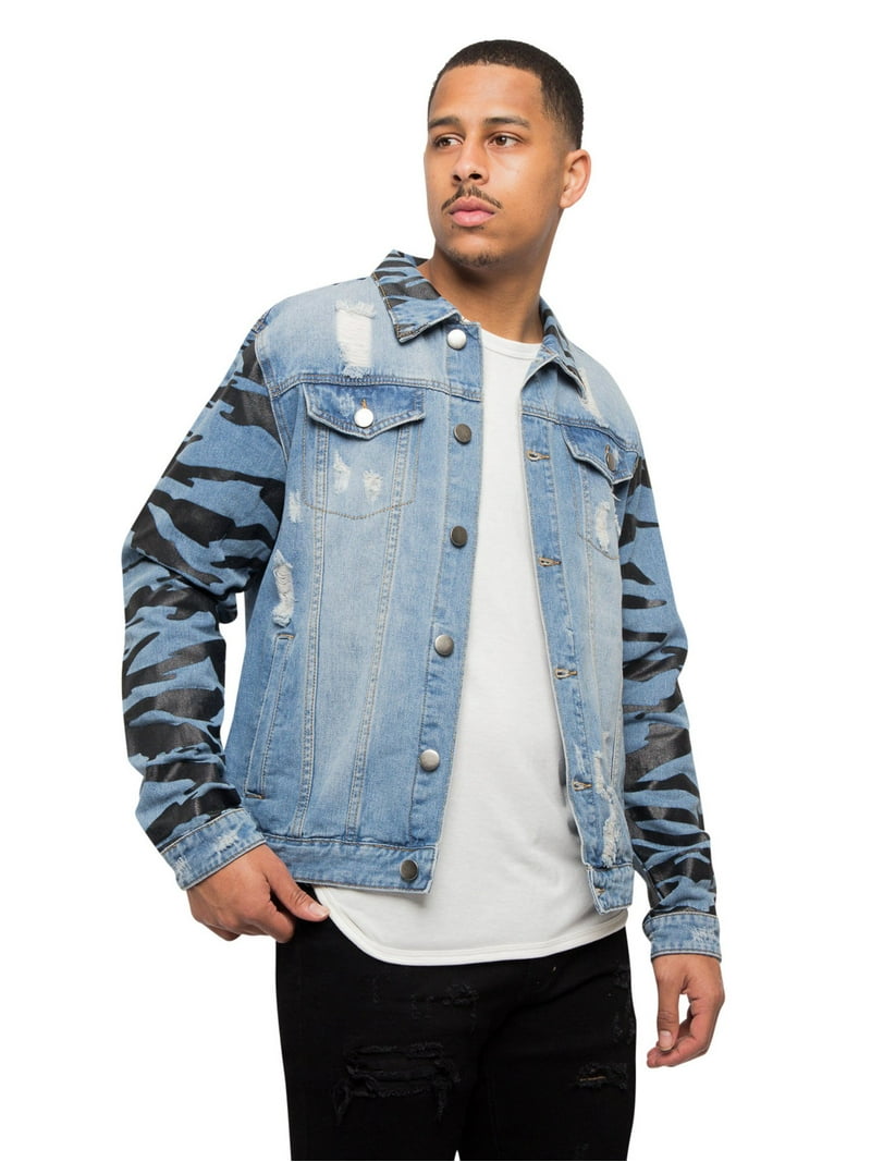 Victorious Men's Distressed Tiger Stripe Camo Sleeve Denim Jean
