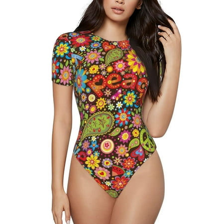 Vsdgher Hippie Peace Love Prinr Short Sleeve Body suit for Womens  Sexy Onesie One Piece Round Neck Bodysuit Shapewear Tummy Control-Large