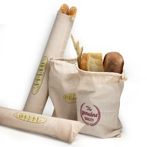 DOTSOG Linen Bread Bags with Tie, Pack of 4 Natural Unbleached Bread Bags, Reusable Drawstring Bag for Loaf, Baguette and Homemade Artisan Bread Storage