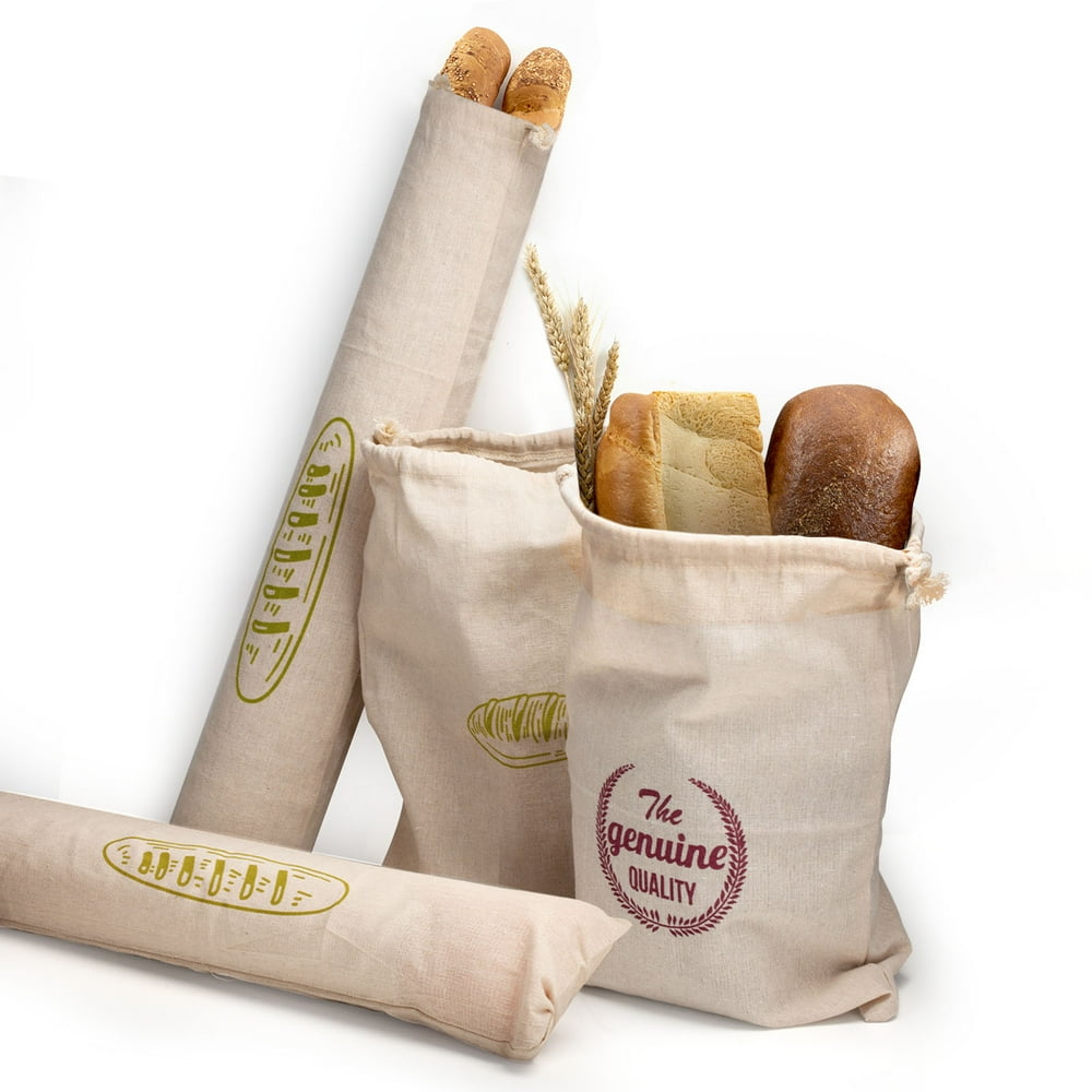 DOTSOG Linen Bread Bags with Tie, Pack of 4 Natural Unbleached Bread Bags, Reusable Drawstring