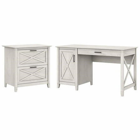 Pemberly Row 54W Computer Desk with Lateral File Cabinet in White - Wood