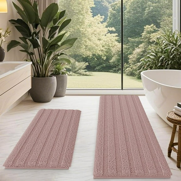 HAKUNA Striped Dusty Pink Bathroom Rug Set 2 Piece 24"x17" 48"x20" Ultra Soft, Non Slip Chenille Toilet Mat, Absorbent Plush Shaggy Bath Mats for Bathroom, Bedroom, Kitchen, Charcoal