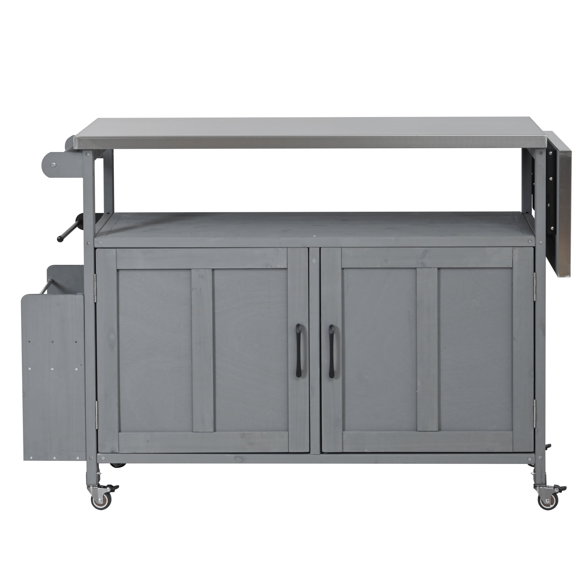 Harper & Bright Designs Outdoor Extendable Kitchen Island with Wheels, Patio Kitchen Cart with Foldable Stainless Steel Top, Portable Prep Station with Storage Cabinet and Towel Rack for Garden, Grey