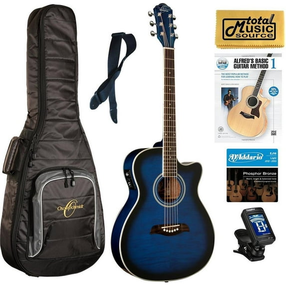 Oscar Schmidt Auditorium Cutaway Trans Blue Acoustic/Electric Guitar, Complete Bundle OACEFTBL COMP