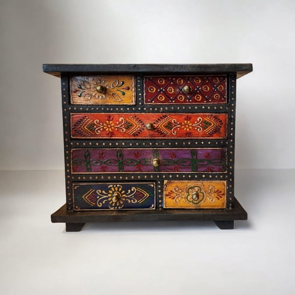 JGARTS Small Wooden Hand Painted Drawer Ethnic Chest of Drawers Jewellery Box Wooden Box Trinket Box Girl's Gift Boho Style New