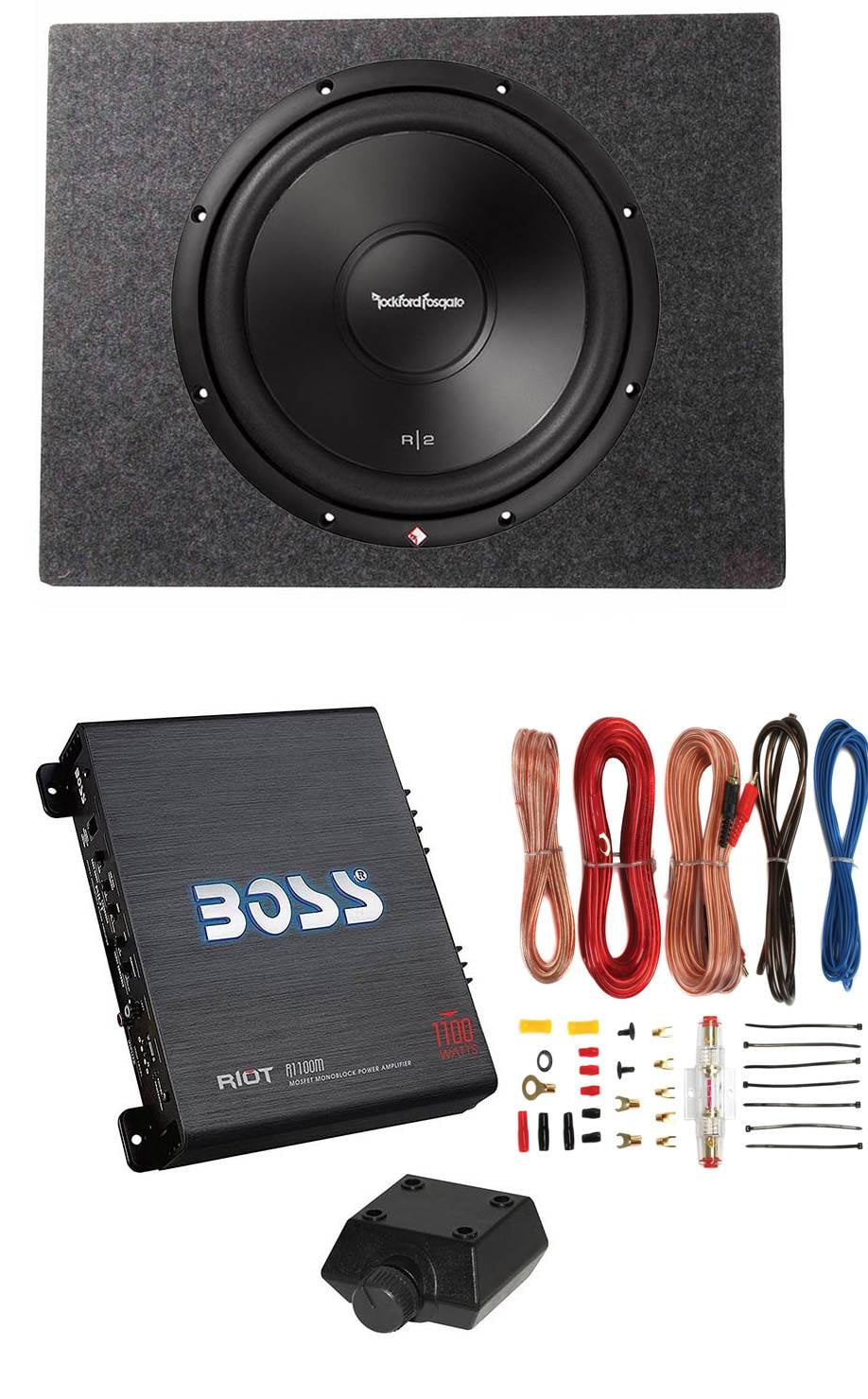 Rockford Fosgate 12" 500W Subwoofer + Sealed Sub Box + Boss Riot 1100W