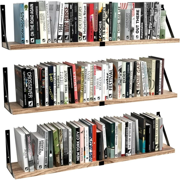 Wall Bookshelf, Floating Book Shelves Set Of 3, 33 Inch Long Wood Shelf For Wall Storage, Hanging Shelving For Bedroom, Bathroom, Living Room, Kitchen, Office And Plants (carbonized Black)
