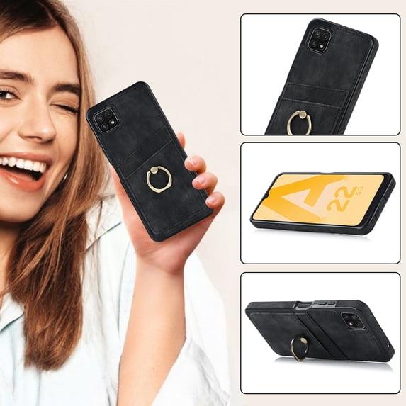 Plain Case for Samsung Galaxy A22 5G, PU Leather Slim Shockproof All round Protection Case with Metal Ring Holder Stand Bracket Card Slots Phone Cover for Samsung Galaxy A22 5G 6.6 Inch,Black