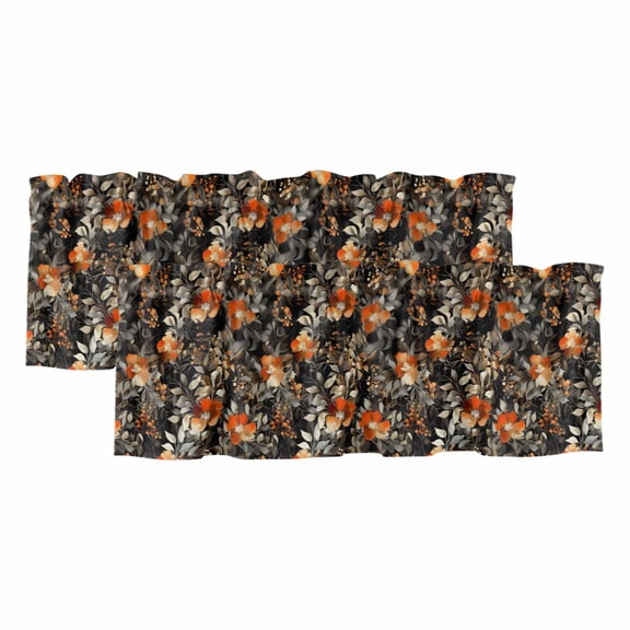 Orange Floral Curtain Valances for Windows, Kitchen Valance Window Treatments Panel 2 Pack, Vintage Rustic Black Botanical Leaves Rod Pocket Short Curtains for Bathroom Bedroom 54 x 18 Inch