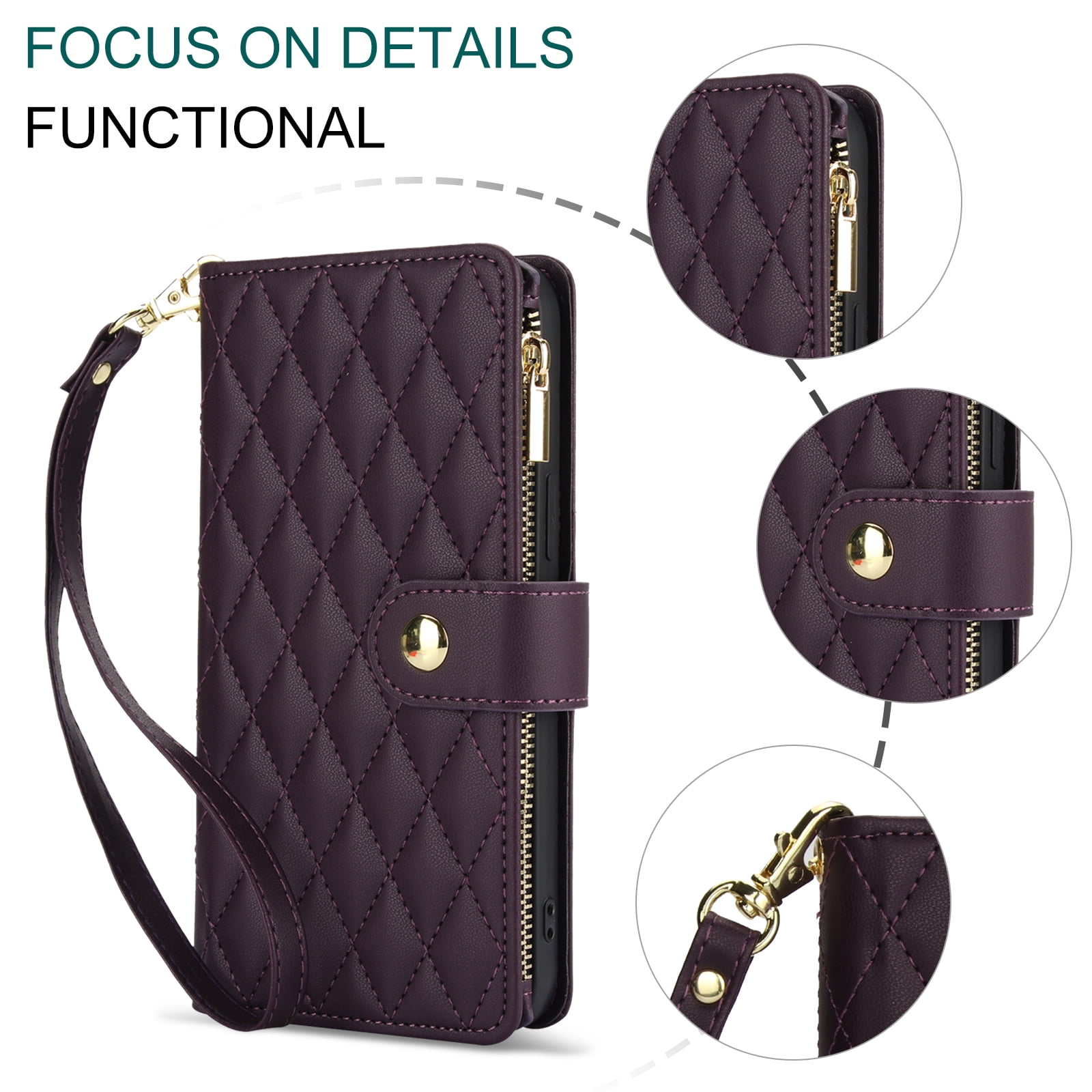 Phone Case for Apple iPhone 14 Plus, Premium iPhone 14 Plus Case with Wallet, Card Holder, Coin Zipper Pocket Shockproof Flip Cover Stand with Wrist Strap & Detachable Shoulder Strap,Darkpurple