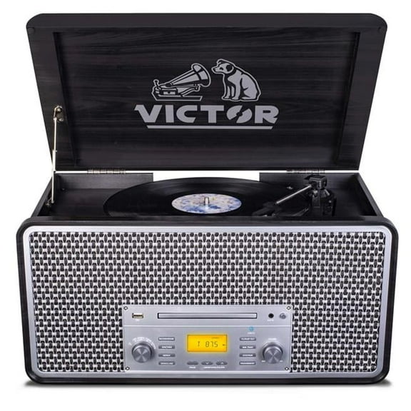 Victor Monument 8-in-1 Wood Music Center with 3-Speed Turntable & Dual Bluetooth (Graphite)