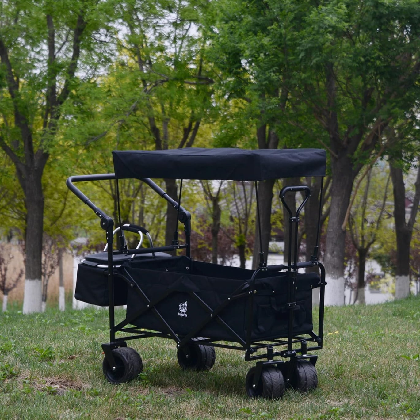 Collapsible Wagon Wagon Cart with Removable Canopy, Heavy Duty Foldable Beach Wagon with  All Terrain Wheels and Brake, Adjustable Push Pull Handle, 220LBS Cooler Bag Utility Carts for Outdoor, Black