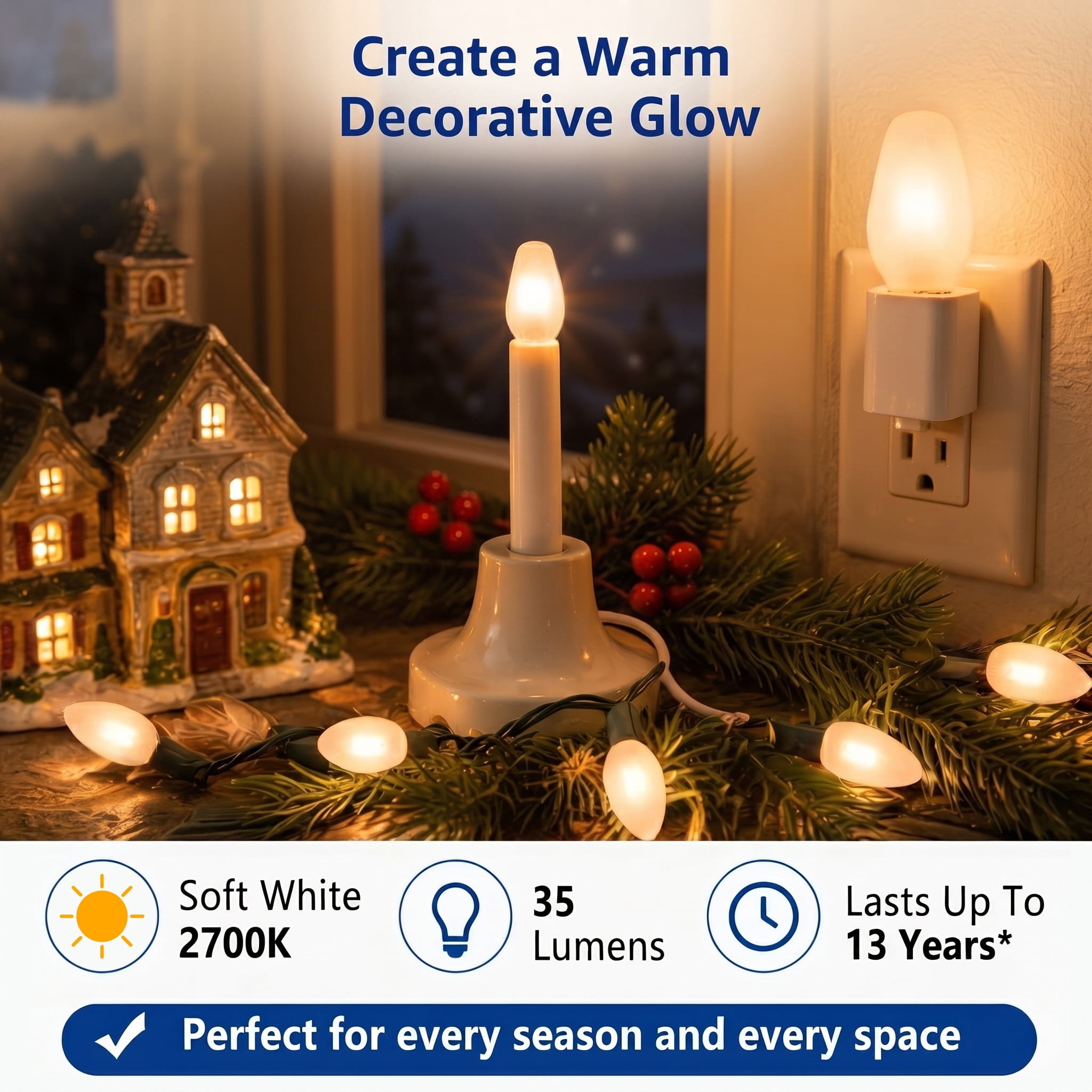 (4 pack) Great Value LED C7 Decorative Light Bulbs, Soft White 2700K, E12 Candelabra Base, 0.8W, 4-Pack