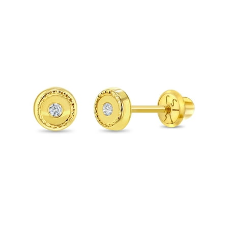 14k Gold Round Clear CZ Baby / Toddler / Kids Earrings Safety Screw Back