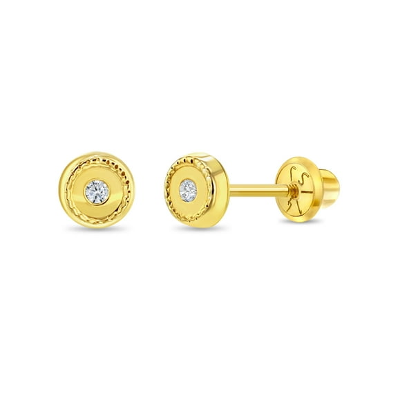 14k Gold Round Clear CZ Baby / Toddler / Kids Earrings Safety Screw Back