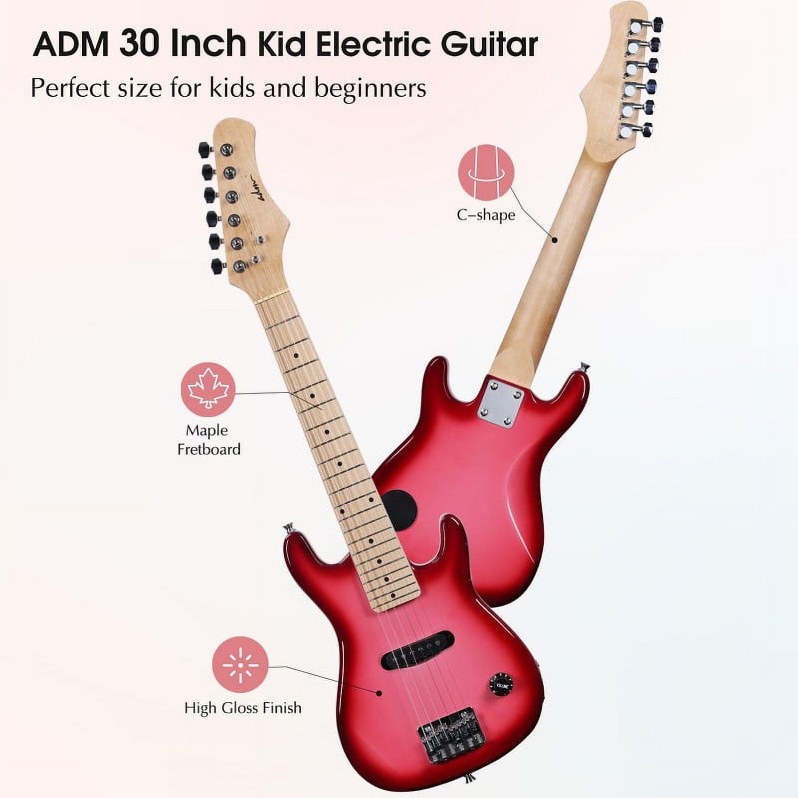 ADM 30 inch Kids Electric Guitar Beginner Kit, Junior 1/4 Size Mini Electric Wood Guitar for Children with Amplifier-Pink