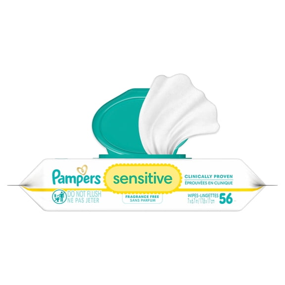 Lingettes pour bébés Pampers Sensitive, éprouvées en clinique, sans parfum, à base d’eau et hypoallergéniques, 56 lingettes pour bébés au total (1X emballage rabattable)