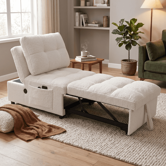 3-in-1 Convertible Sleeper Chair with USB Charging Port,Teddy Pull-Out Futon Sofa Bed Recliner Chair for Living Room, Small Spaces,White