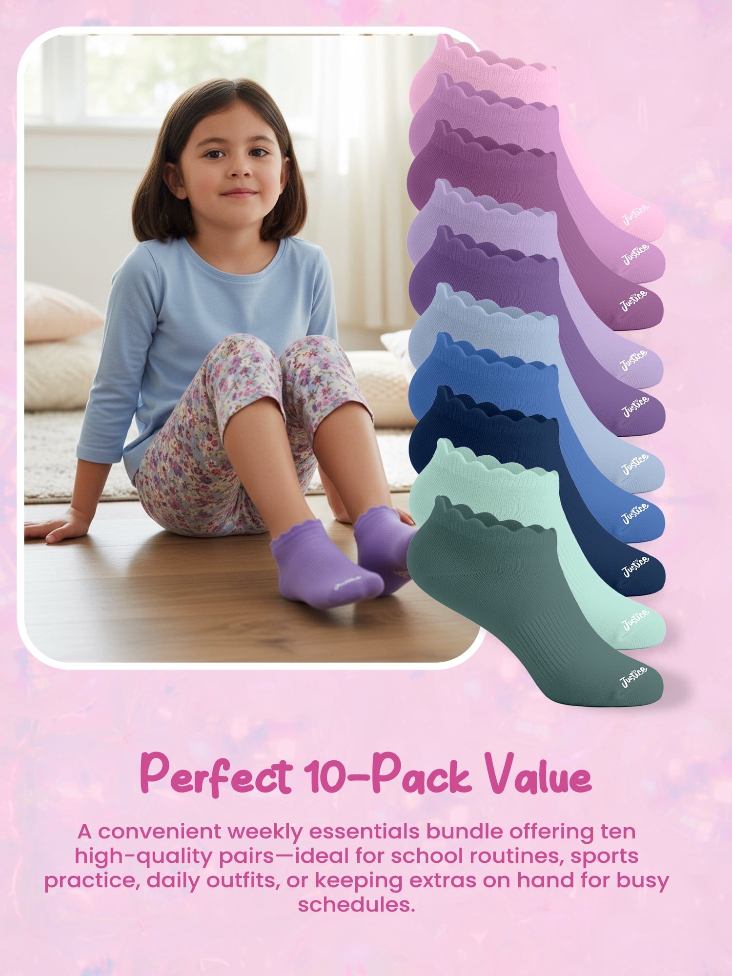 Justice Cushion No Show Socks for Girls with Scallop Edge for All Day Wear, 10 pk Pink Multi Color