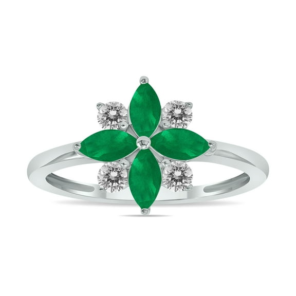 SZUL Women's 3/4 Carat TW Emerald and Diamond Flower Ring in 10K White Gold
