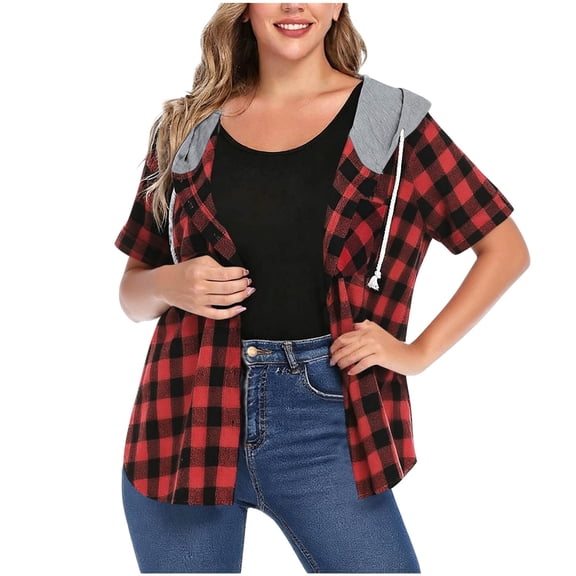 Horkkom Hoodies for Women Cotton Button Down Plaid Print Flannel Shirts Short Sleeve Daily Casual Tops M