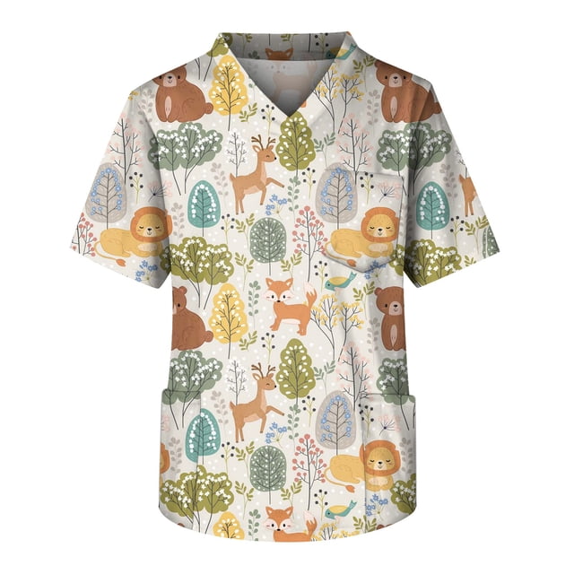 Men's Short Sleeve V Neck Small Animals Print Chest Pocket Carer Top 4XL