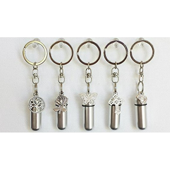 Assortment of FIVE LASER ENGRAVED CREMATION URNS on Stainless Steel Keychains - Rose/Tree of Life/Butterfly/Cross/Open Heart - BRUSHED SILVER FINISH - Includes 5 Velvet Pouches & Fill Kit