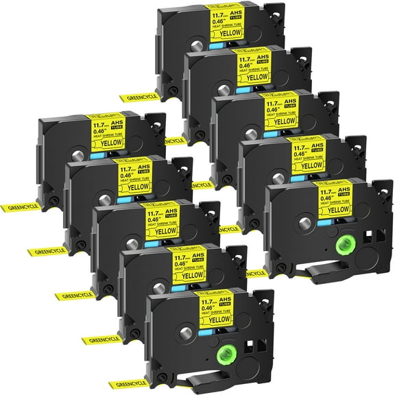 GREENCYCLE 10PK Compatible for Brother P-touch HSE-631 HS-631 HSe631 HS631 11.7mm 0.46" Black on Yellow Heat-shrink Label Tape