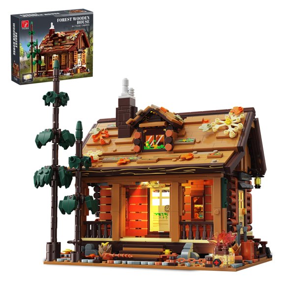 TYCOLE Wood Cabin Building Blocks Set with LED Lights,Wooden Forest House Building Toys,STEM Treehouse Architecture Model-Compatible Brick Set,Birthday Gift for for Adult