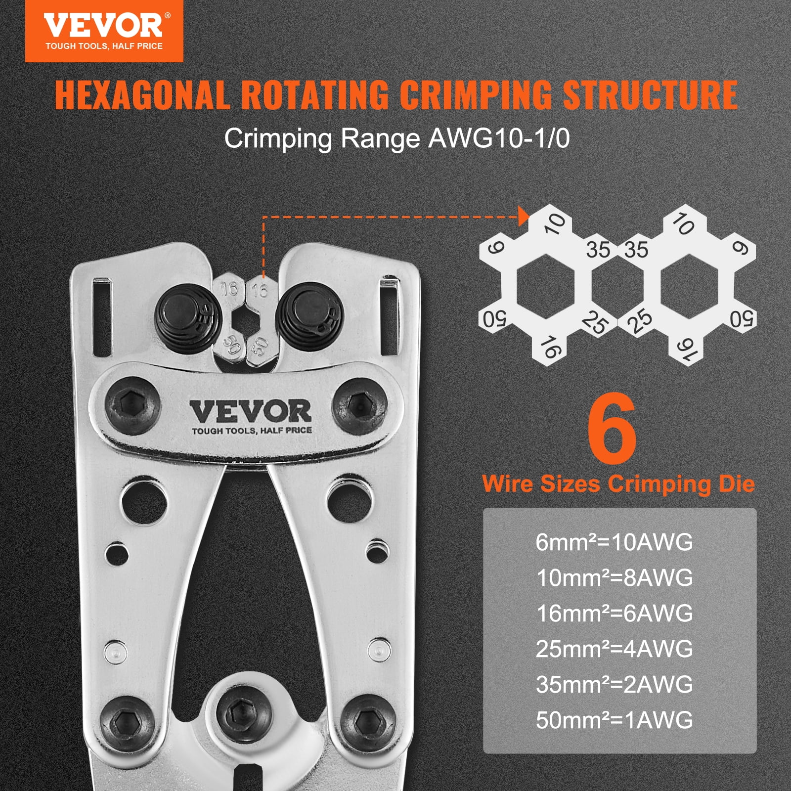 VEVOR Battery Cable Lug Crimping Tool, 10-1/0AWG with Cable Cutter and 48PCS Copper Ring Terminals, 6 Wire Sizes Crimping Die and 100pcs Heat Shrink Tubes, for Heavy Duty Wire Lugs