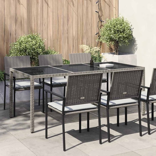 vidaXL Table de Jardin Gris 190x90x75 cm Verre Trempé et Rotin Poly