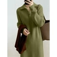 thumbnail image 3 of Women'S Elegant Long Sleeve Lapel Knitted Fall Winter Over-The-Knee Sweater Dress with Zipper Olive Color One Size, 3 of 5