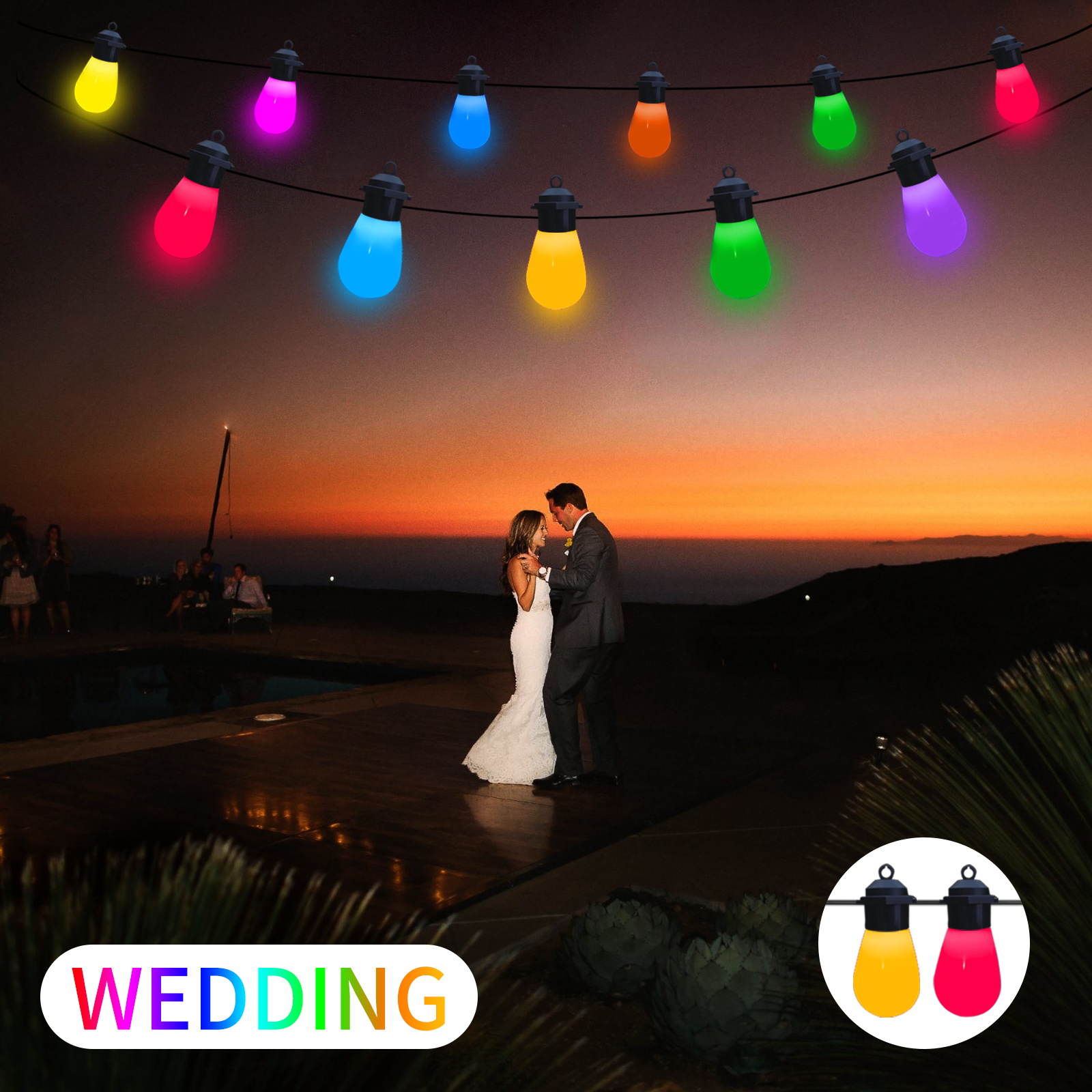 Outdoor String Light 32.8FT with Edison RGB Bulb Waterproof&Shatterproof APP&Adapter button Dimmable Music synic Timer speedness for Vacation Daily Camping Garden Yard Party Wedding Home