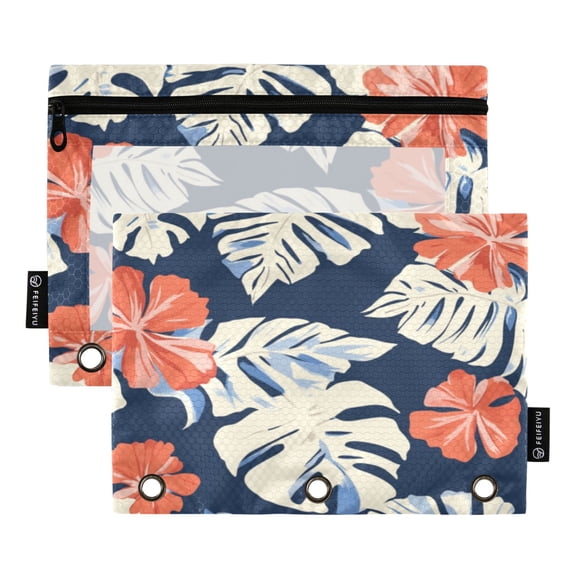 2 Pack Pencil Bag 9.84x6.1 Inch 3-Ring Page Turning Folder Zipper Pencil Case Pencil Bag Page Turning File Bag Hawaiian Fower Cartoon