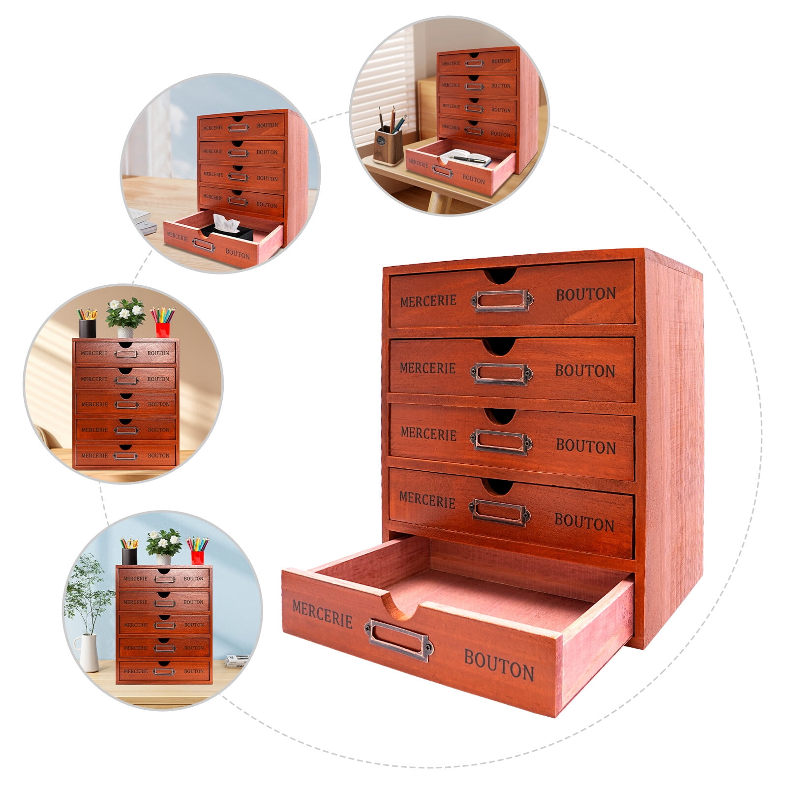 ToppiJoy 5-Drawer Wooden Desk Organizer, Storage Drawers, Vintage Shelf Drawer, for Cosmetics, Hair Care, Bathroom, Dorm, Desk, Office
