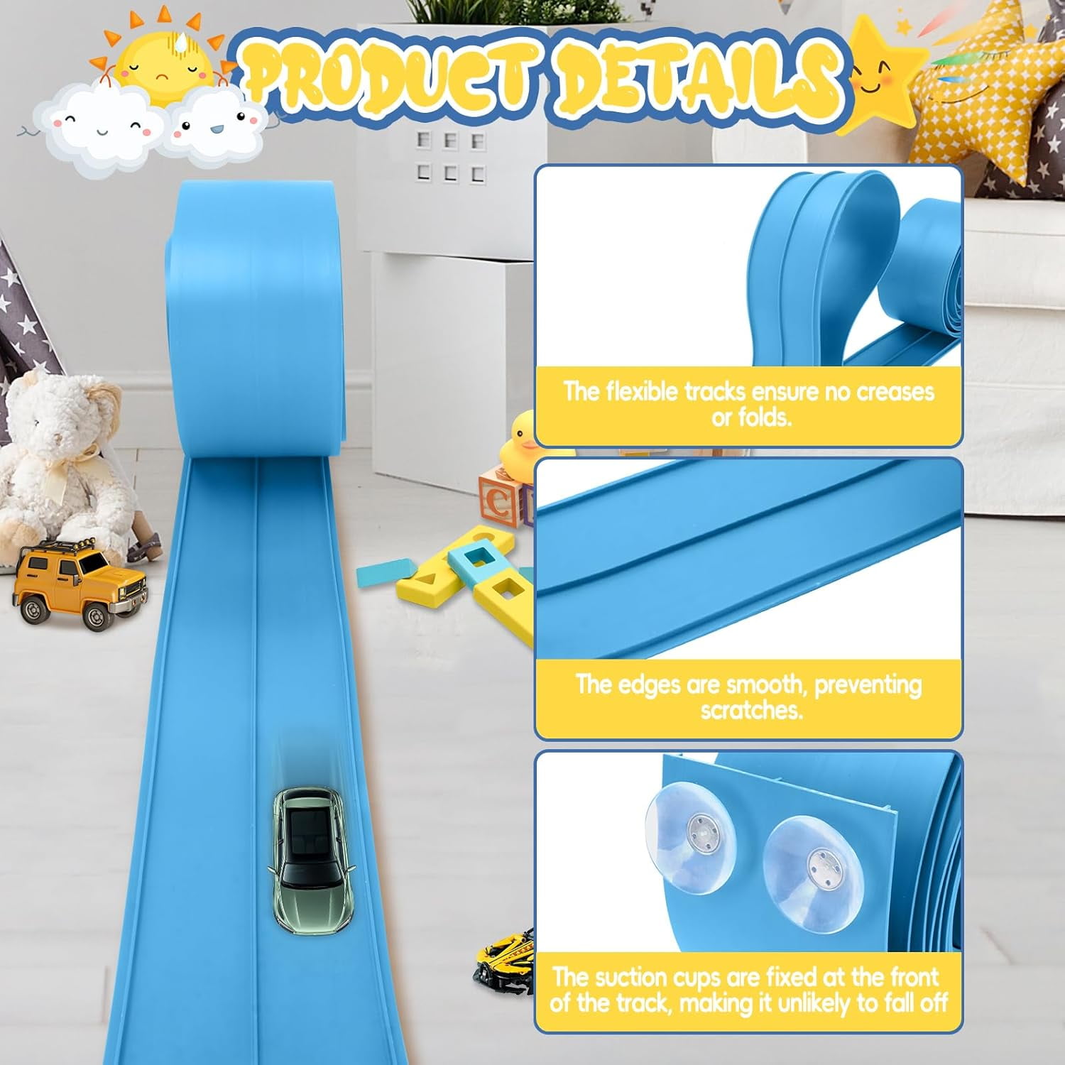 15 Ft Sky Blue Two Lane Flexible Race Car Ramp Track with Suction Cups Compatible with Hot Wheels, Matchbox, Diecast 1/50th Toy Cars Rolls Up Portable Race Track