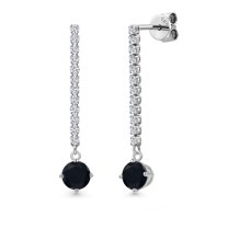 Gem Stone King 14K White Gold Black Onyx and White Lab Grown Diamond Long Liner Dangle Earrings for Women | 1.31 Cttw | Gemstone December Birthstone | Round 5MM | White Gold Chain Drop Earrings