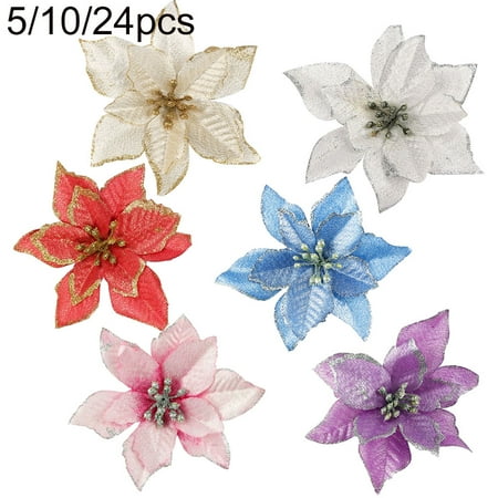 

Deyuer 5/10/24Pcs Artificial Christmas Flower Glitter DIY Wedding Holiday Party Decor