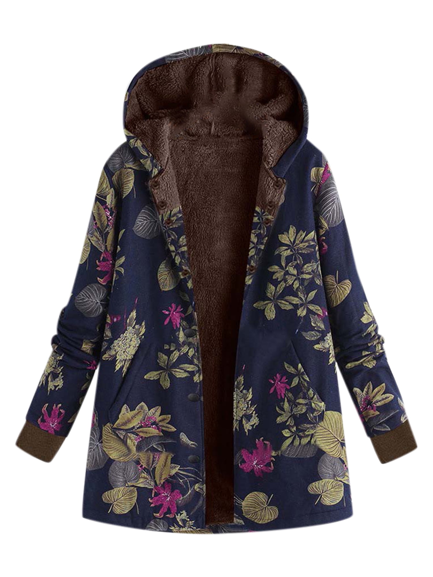 Womens Plus Size Winter Warm Fleece Button Hooded Jacket Floral ...