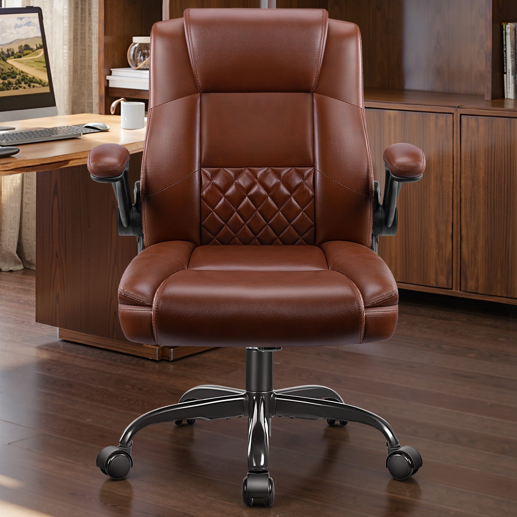 COOLHUT Office Chair, Executive Leather Chair Home Office Desk Chairs, Computer Chair with Adjustable Arms, Lumbar Support Swivel Desk Chair with Adjustable Hight and Tilt, Double Brown