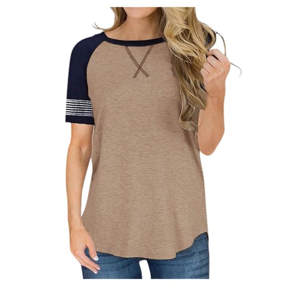 IROINNID Women's Casual Color Matching Loose Round Neck Short Sleeve Women Tops