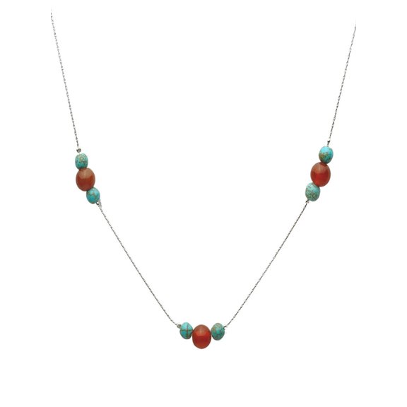 Sterling Silver Simulated Turquoise Carnelian Stone Station Italian Chain Necklace Adjustable 16" 2"