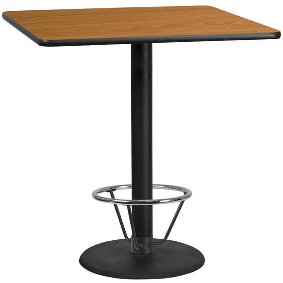 Flash Furniture 42'' Square Natural Laminate Table Top with 24'' Round Bar Height Table Base and Foot Ring