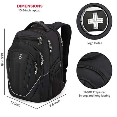 Swissdigital Design - Terabyte TSA-friendly Backpack with USB Charging port/RFID protection and fits up to 15.6" laptop - Black