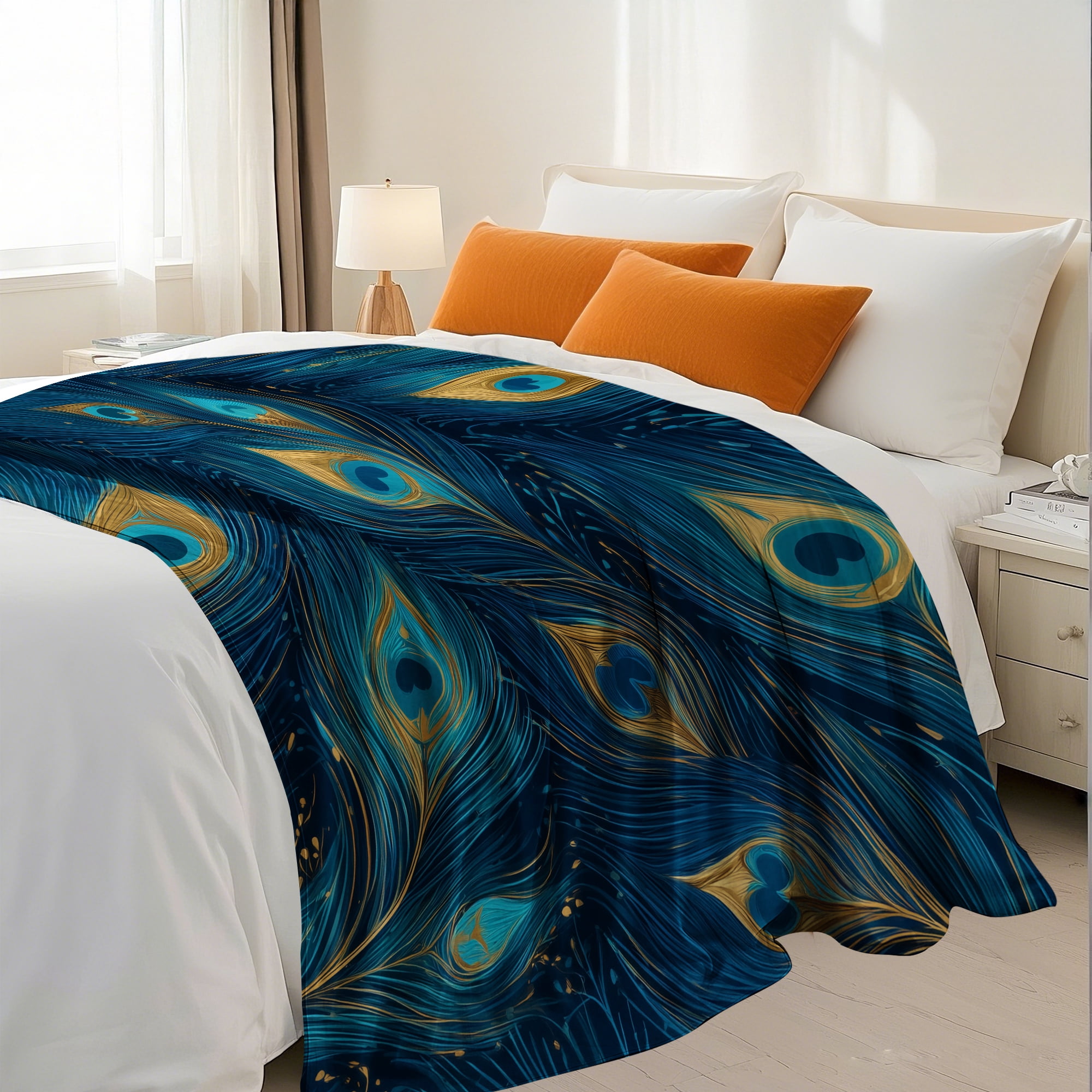 Flannel Fleece Throw Blanket, Soft Large Throw Blanket, Lightweight Cozy Plush Throw Blanket Fit Sofa Bed, 30"x40", Peacock Feather