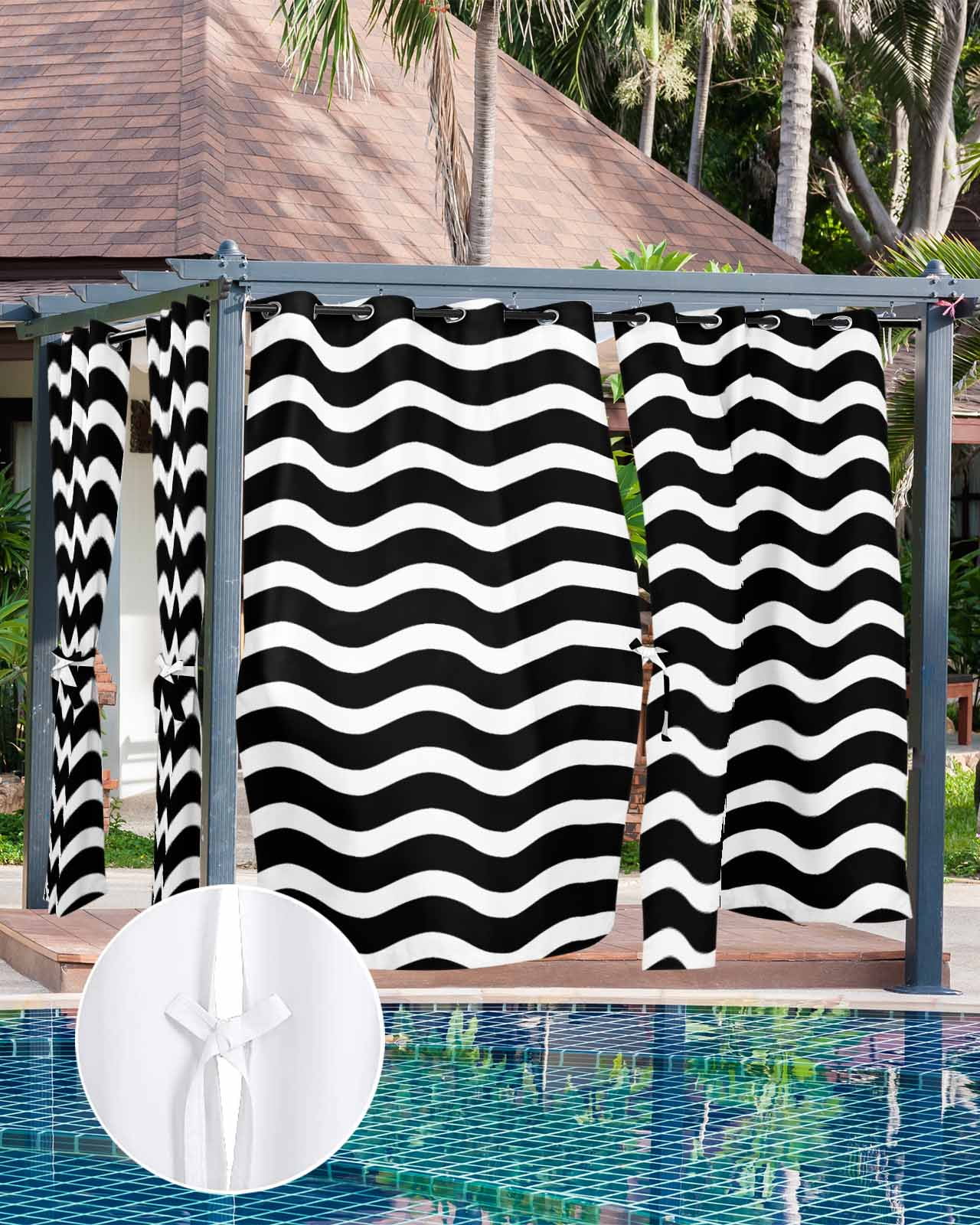 Black Moire Ombre Outdoor Curtains for Patio, Water Ripple Stripe Farmhouse Privacy Drapes Grommet Waterproof Outside Curtains for Porch/Cabana/Balcony 54"x 95", 2 Panel